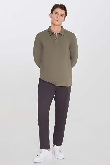 Pamuklu Standart Fit Normal Kesim Beli Lastikli Diagonal Desenli Örme Kahverengi Pantolon resmi