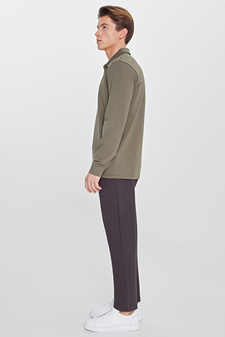 Pamuklu Standart Fit Normal Kesim Beli Lastikli Diagonal Desenli Örme Kahverengi Pantolon resmi