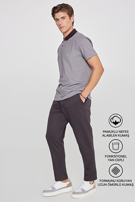 Pamuklu Standart Fit Normal Kesim Beli Lastikli Diagonal Desenli Örme Kahverengi Pantolon resmi