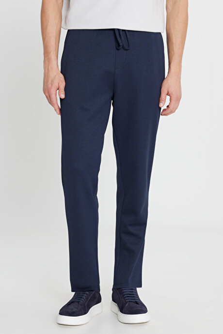 Pamuklu Standart Fit Normal Kesim Beli Lastikli Diagonal Desenli Örme Lacivert Pantolon resmi