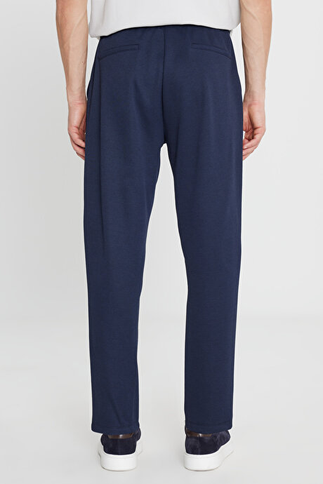 Pamuklu Standart Fit Normal Kesim Beli Lastikli Diagonal Desenli Örme Lacivert Pantolon resmi