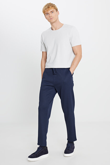 Pamuklu Standart Fit Normal Kesim Beli Lastikli Diagonal Desenli Örme Lacivert Örme Pantolon resmi