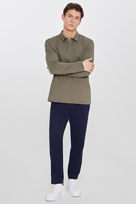 Pamuklu Standart Fit Normal Kesim Beli Lastikli Diagonal Desenli Örme Lacivert Pantolon resmi