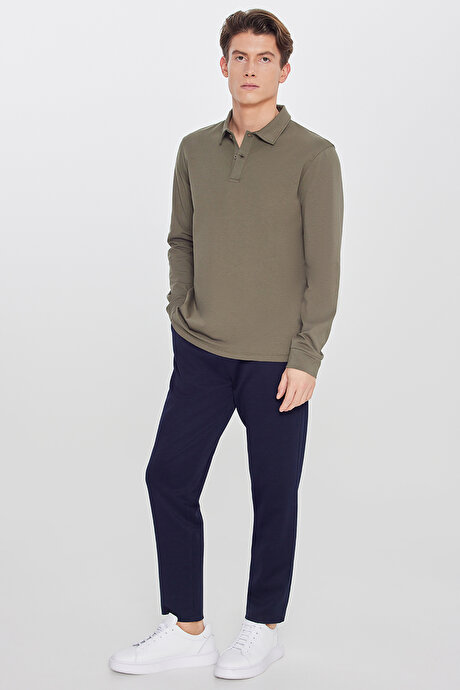 Pamuklu Standart Fit Normal Kesim Beli Lastikli Diagonal Desenli Örme Lacivert Pantolon resmi