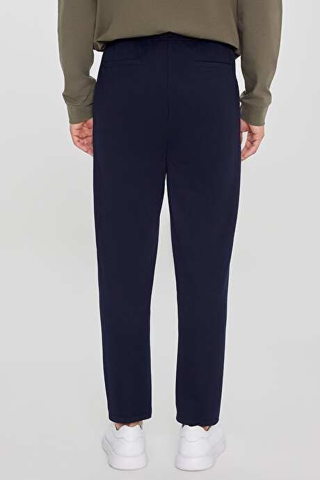 Pamuklu Standart Fit Normal Kesim Beli Lastikli Diagonal Desenli Örme Lacivert Pantolon resmi