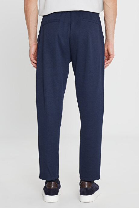 Pamuklu Standart Fit Normal Kesim Beli Lastikli Diagonal Desenli Örme Lacivert Örme Pantolon resmi