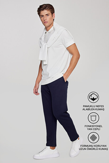 Pamuklu Standart Fit Normal Kesim Beli Lastikli Diagonal Desenli Örme Lacivert Pantolon resmi