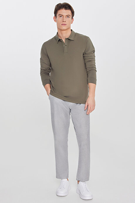 Pamuklu Standart Fit Normal Kesim Beli Lastikli Diagonal Desenli Örme SIYAH MELANJ Pantolon resmi