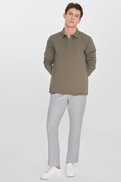 Pamuklu Standart Fit Normal Kesim Beli Lastikli Diagonal Desenli Örme SIYAH MELANJ Pantolon resmi