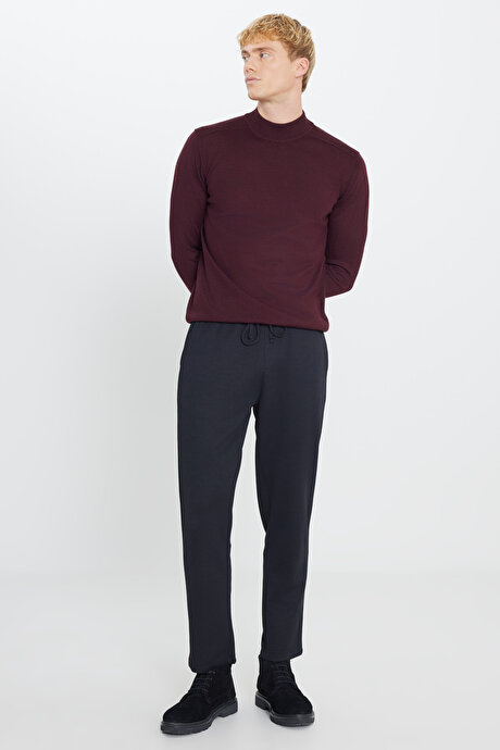 Pamuklu Standart Fit Normal Kesim Beli Lastikli Diagonal Desenli Örme Siyah Örme Pantolon resmi