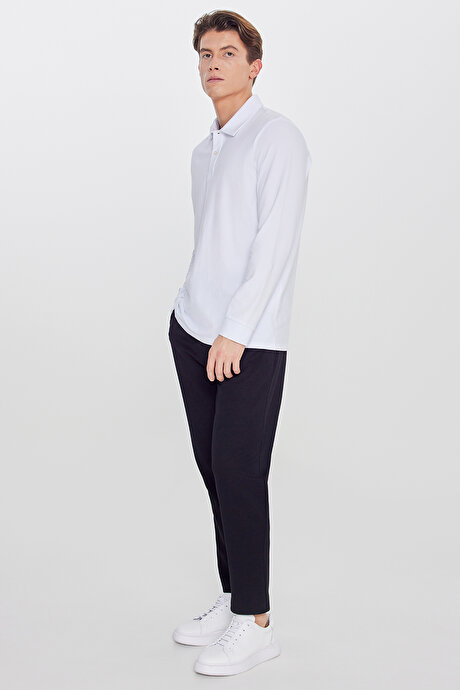 Pamuklu Standart Fit Normal Kesim Beli Lastikli Diagonal Desenli Örme Siyah Pantolon resmi