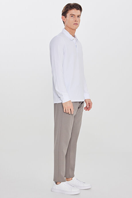 Pamuklu Standart Fit Normal Kesim Beli Lastikli Diagonal Desenli Örme Vizon Pantolon resmi