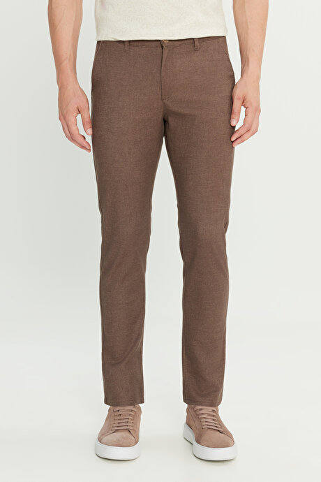 Pamuklu Slim Fit Dar Kesim Yan Cepli Armürlü Casual Kahverengi Pantolon resmi
