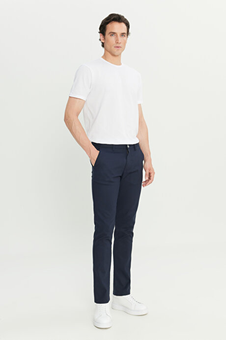 Pamuklu Slim Fit Dar Kesim Armürlü Yan Cepli Casual Lacivert Pantolon resmi