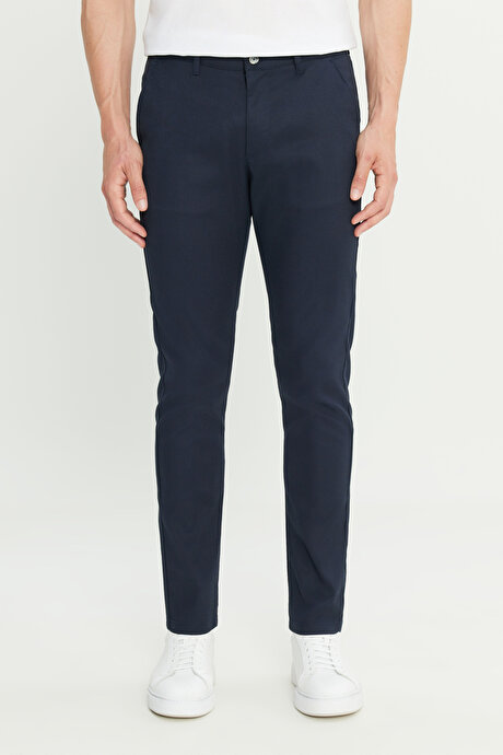 Pamuklu Slim Fit Dar Kesim Armürlü Yan Cepli Casual Lacivert Pantolon resmi