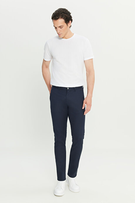 Pamuklu Slim Fit Dar Kesim Armürlü Yan Cepli Casual Lacivert Pantolon resmi