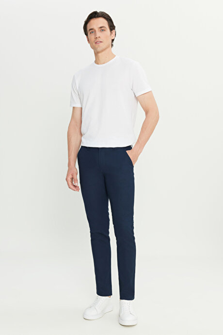 Pamuklu Slim Fit Dar Kesim Yan Cepli Armürlü Casual Lacivert Pantolon resmi