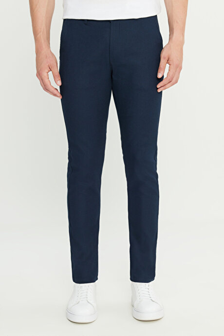Pamuklu Slim Fit Dar Kesim Yan Cepli Armürlü Casual Lacivert Pantolon resmi