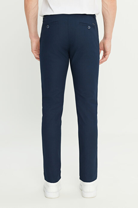 Pamuklu Slim Fit Dar Kesim Yan Cepli Armürlü Casual Lacivert Pantolon resmi
