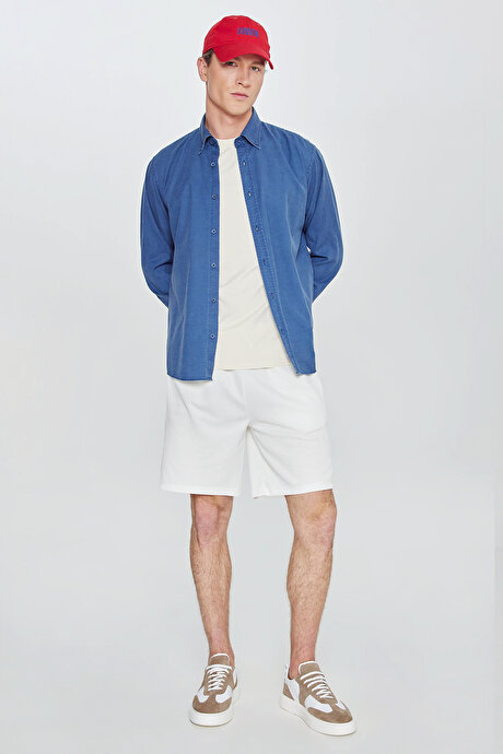 Pamuklu Standart Fit Normal Kesim Beli Bağlamalı Yan Cepli Örme Beyaz Şort resmi