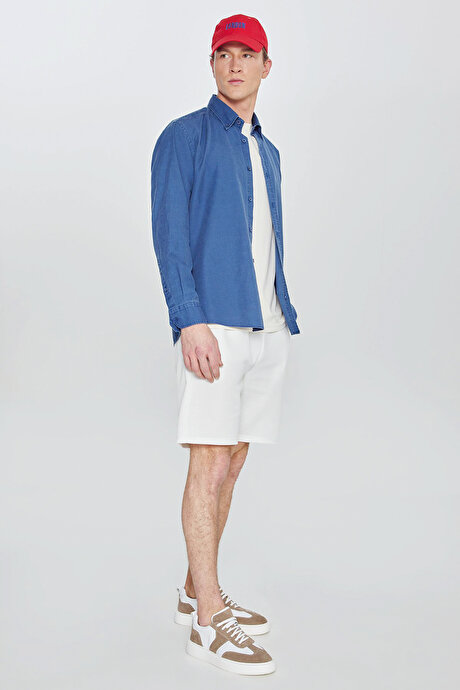 Pamuklu Standart Fit Normal Kesim Beli Bağlamalı Yan Cepli Örme Beyaz Şort resmi