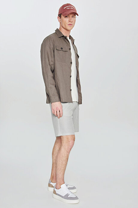 Pamuklu Standart Fit Normal Kesim Beli Bağlamalı Yan Cepli Örme Haki Şort resmi