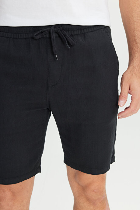 %100 Pamuk Comfort Fit Beli Bağlamalı Flamlı Yan Cep Siyah Şort resmi