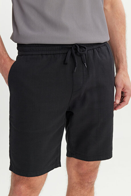 %100 Pamuk Comfort Fit Beli Bağlamalı Flamlı Yan Cep Siyah Şort resmi