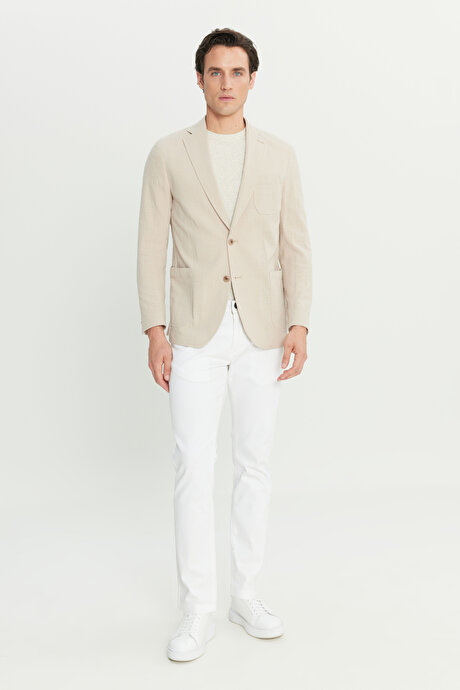 %100 Pamuk Slim Fit Dar Kesim Mono Yaka Torba Cepli Blazer Bej Ceket resmi