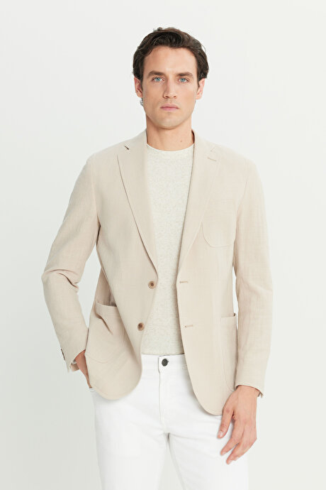 %100 Pamuk Slim Fit Dar Kesim Mono Yaka Torba Cepli Blazer Bej Ceket resmi