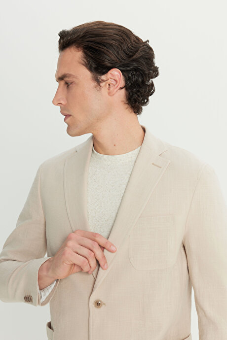 %100 Pamuk Slim Fit Dar Kesim Mono Yaka Torba Cepli Blazer Bej Ceket resmi