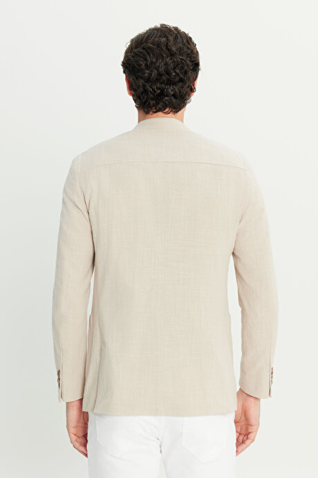 %100 Pamuk Slim Fit Dar Kesim Mono Yaka Torba Cepli Blazer Bej Ceket resmi