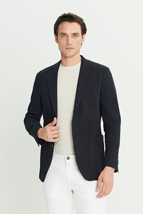 %100 Pamuk Slim Fit Dar Kesim Mono Yaka Torba Cepli Blazer Siyah Ceket resmi