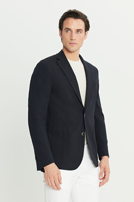 %100 Pamuk Slim Fit Dar Kesim Mono Yaka Torba Cepli Blazer Siyah Ceket resmi