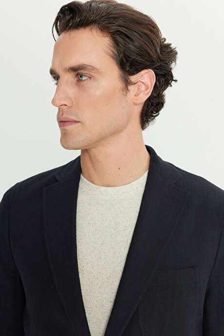 %100 Pamuk Slim Fit Dar Kesim Mono Yaka Torba Cepli Blazer Siyah Ceket resmi