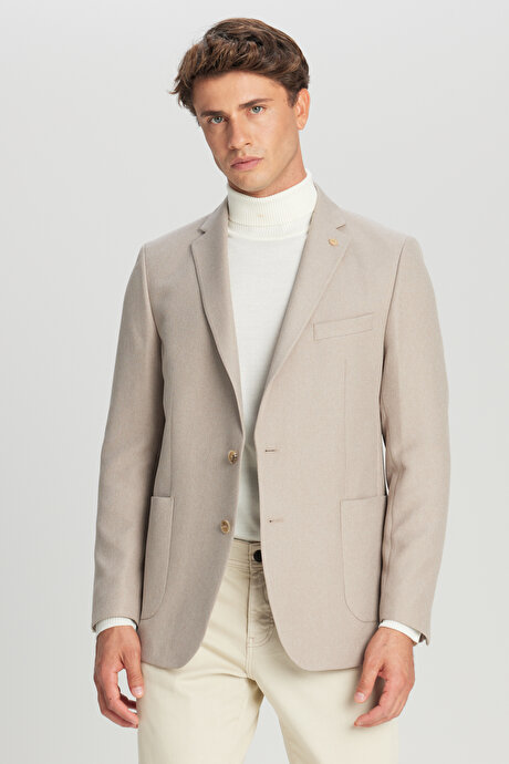 Slim Fit Dar Kesim Mono Yaka Torba Cepli Blazer Bej Ceket resmi