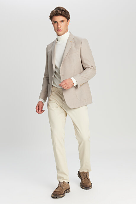 Slim Fit Dar Kesim Mono Yaka Torba Cepli Blazer Bej Ceket resmi