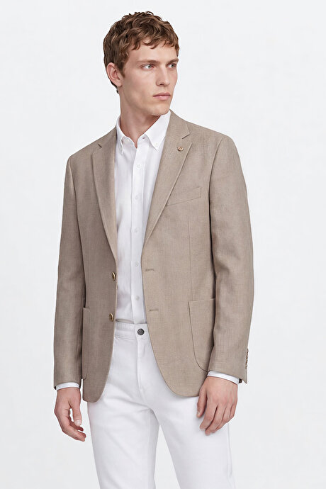 Slim Fit Dar Kesim Mono Yaka Torba Cepli Blazer Bej Ceket resmi
