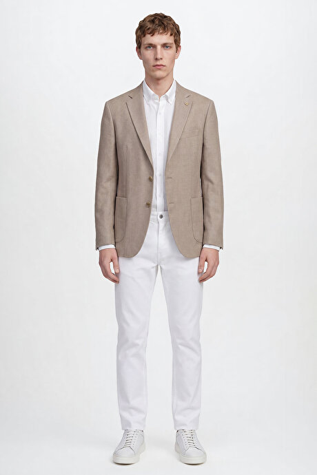 Slim Fit Dar Kesim Mono Yaka Torba Cepli Blazer Bej Ceket resmi
