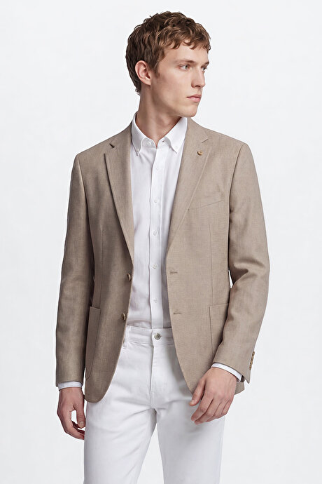 Slim Fit Dar Kesim Mono Yaka Torba Cepli Blazer Bej Ceket resmi