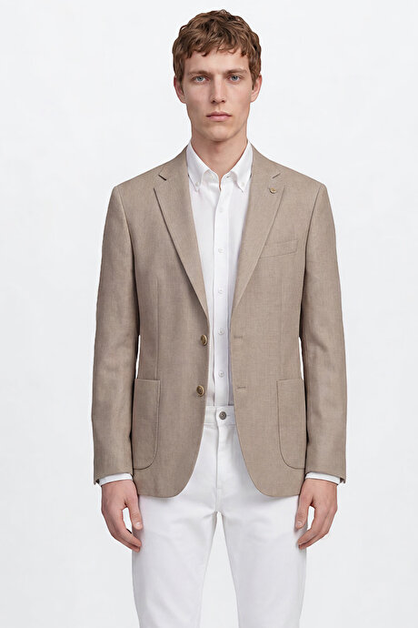 Slim Fit Dar Kesim Mono Yaka Torba Cepli Blazer Bej Ceket resmi