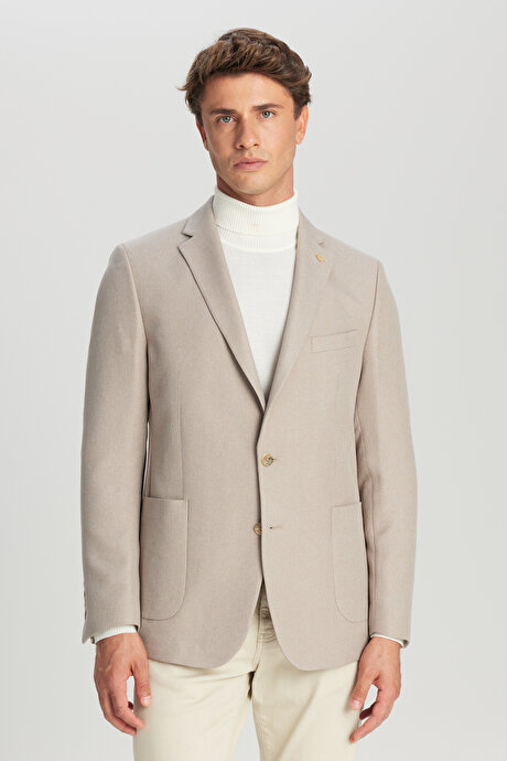 Slim Fit Dar Kesim Mono Yaka Torba Cepli Blazer Bej Ceket resmi
