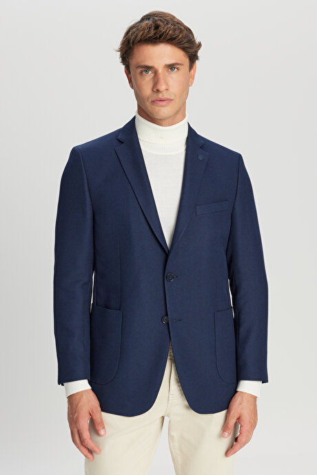 Slim Fit Dar Kesim Mono Yaka Torba Cepli Blazer Lacivert Ceket resmi