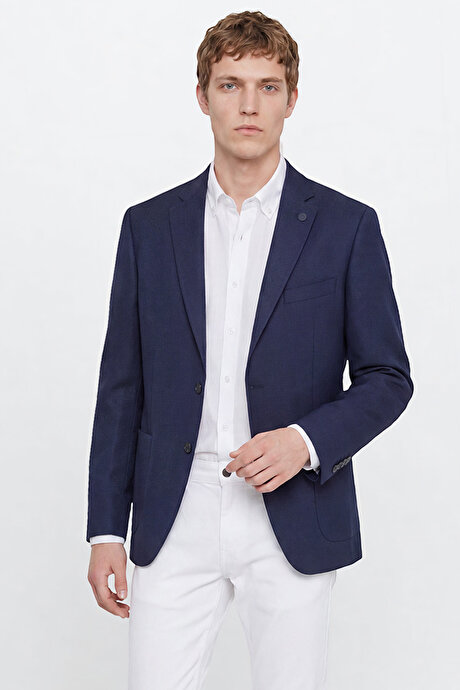 Slim Fit Dar Kesim Mono Yaka Torba Cepli Blazer Lacivert Ceket resmi