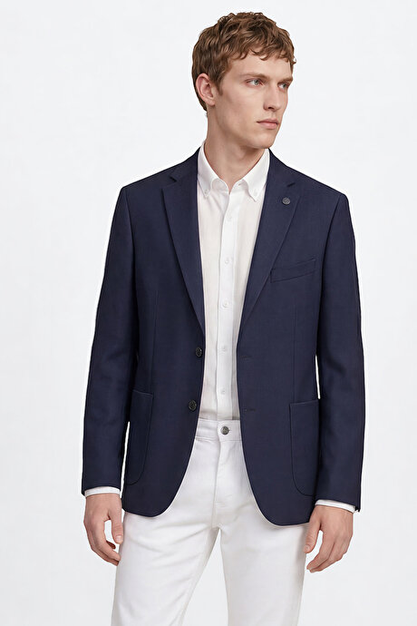 Slim Fit Dar Kesim Mono Yaka Torba Cepli Blazer Lacivert Ceket resmi
