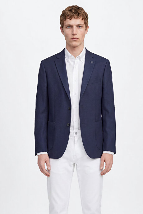 Slim Fit Dar Kesim Mono Yaka Torba Cepli Blazer Lacivert Ceket resmi