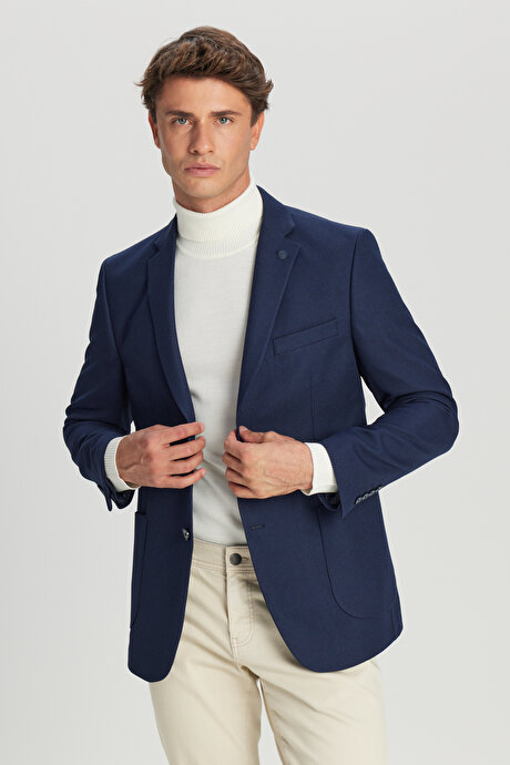 Slim Fit Dar Kesim Mono Yaka Torba Cepli Blazer Lacivert Ceket resmi