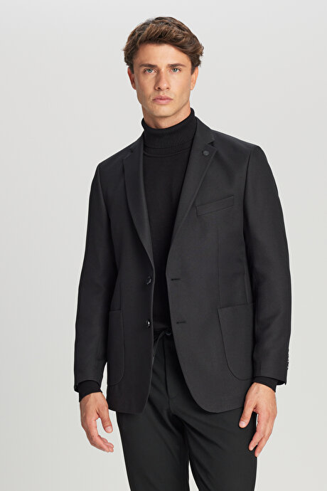 Slim Fit Dar Kesim Mono Yaka Torba Cepli Blazer Siyah Ceket resmi
