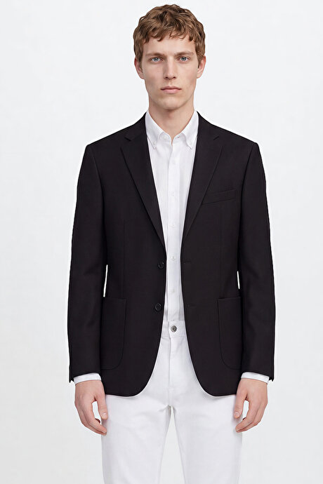 Slim Fit Dar Kesim Mono Yaka Torba Cepli Blazer Siyah Ceket resmi