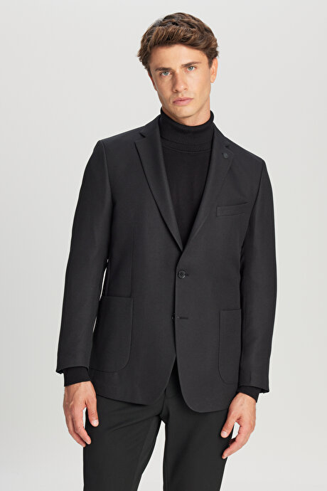Slim Fit Dar Kesim Mono Yaka Torba Cepli Blazer Siyah Ceket resmi